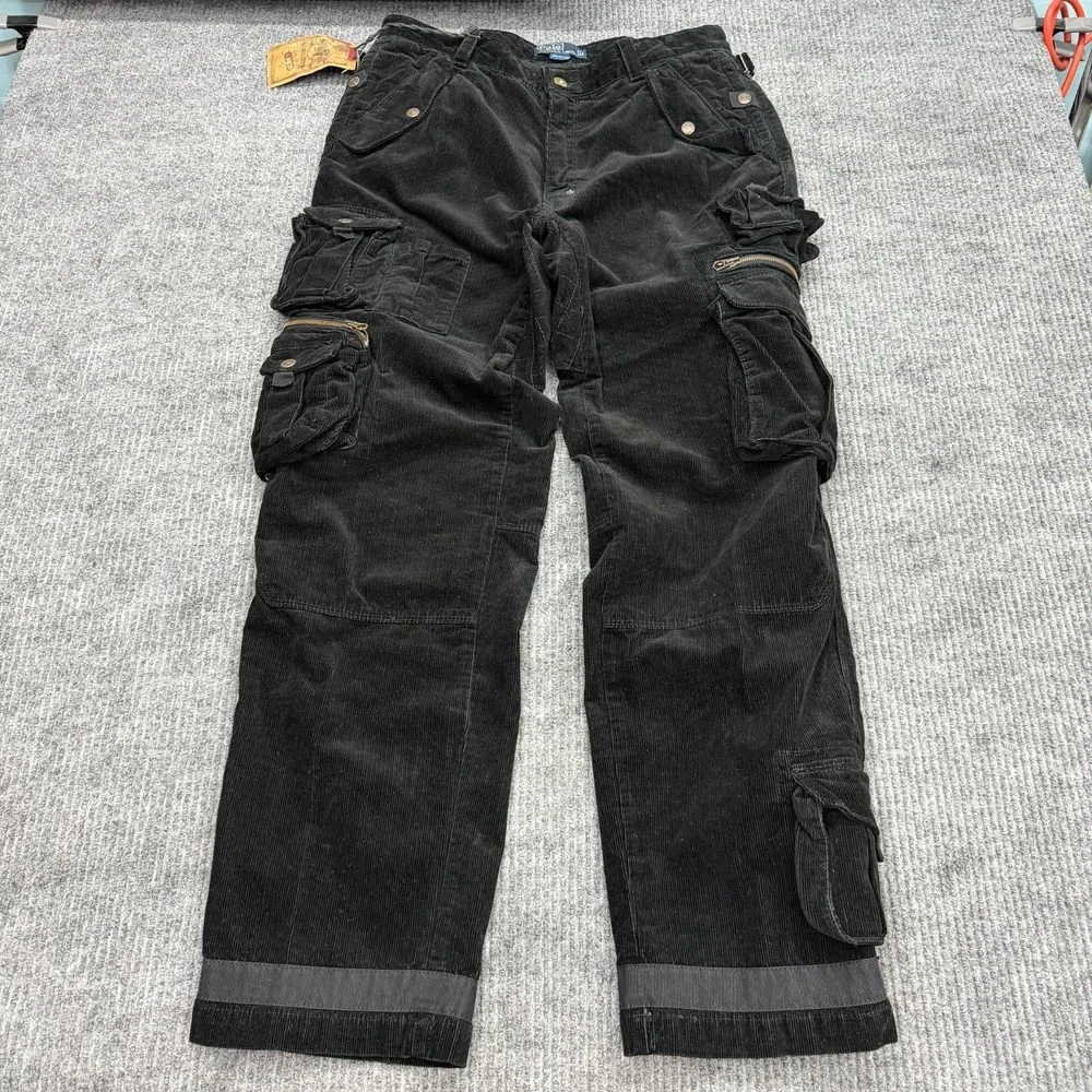 Vtg Polo Ralph Lauren Cargo Pants Mens 34x32 Black Paratrooper Corduroy Military
